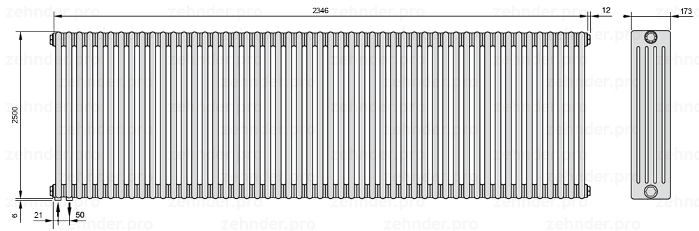 Схема (чертеж) Радиатор Zehnder Charleston 5250/51 №3370 Белый глянцевый RAL 9016